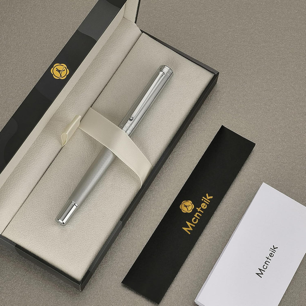 Silver Rollerball Pen, Stunning Luxury Pen with Mesh Texture Design, Bright Silver Chrome Finish, Schmidt refill, Nice Gift Set for Men & Women, Executive, Office, Graduation, Fancy Pens