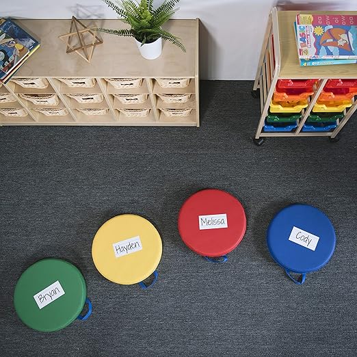 Factory Direct Partners SoftScape 15 inch Round Classroom Floor Cushions with Handles; Flexible Seating for Daycare, Preschool, Playroom; 2 inch Thick Deluxe Foam (6-Piece) - Assorted, 11232-AS
