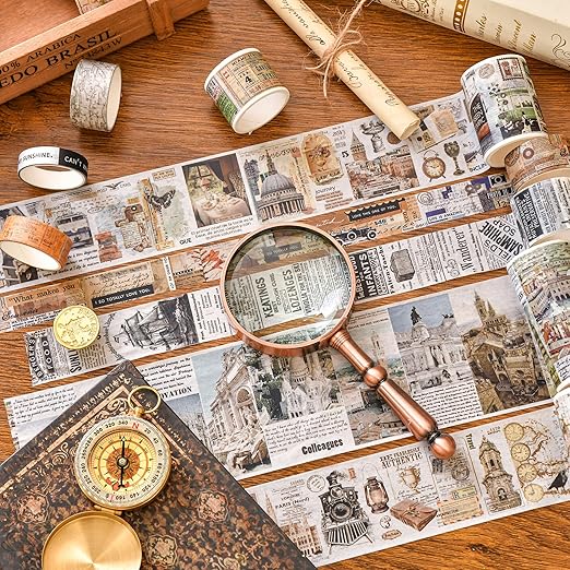 18 Rolls Vintage Washi Tape Pack Retro Arts Adhesive Tapes Wide Monologue Decorative Masking Tape Sets for Craft, Kids, Scrapbook, DIY, Gift Wrapping (Travel The World)