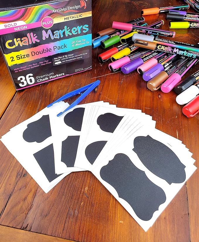 ArtShip Design 36 Chalk Markers Double Pack of Both Fine & Reversible Medium Tip Liquid Chalk Pens with Labels & Tip Tweezers Wet Erase Menu Boards, Windows, Mirrors, Non-Porous Chalkboards, Metal