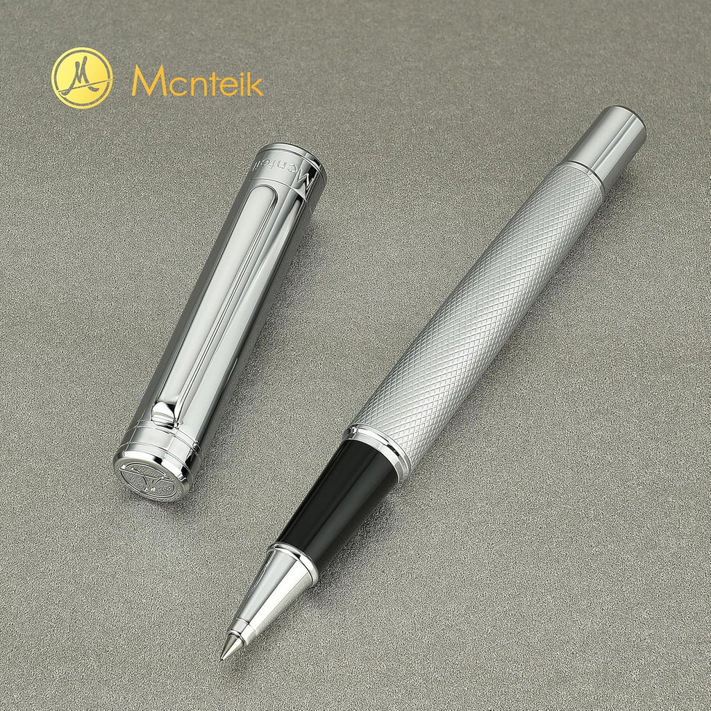 Silver Rollerball Pen, Stunning Luxury Pen with Mesh Texture Design, Bright Silver Chrome Finish, Schmidt refill, Nice Gift Set for Men & Women, Executive, Office, Graduation, Fancy Pens