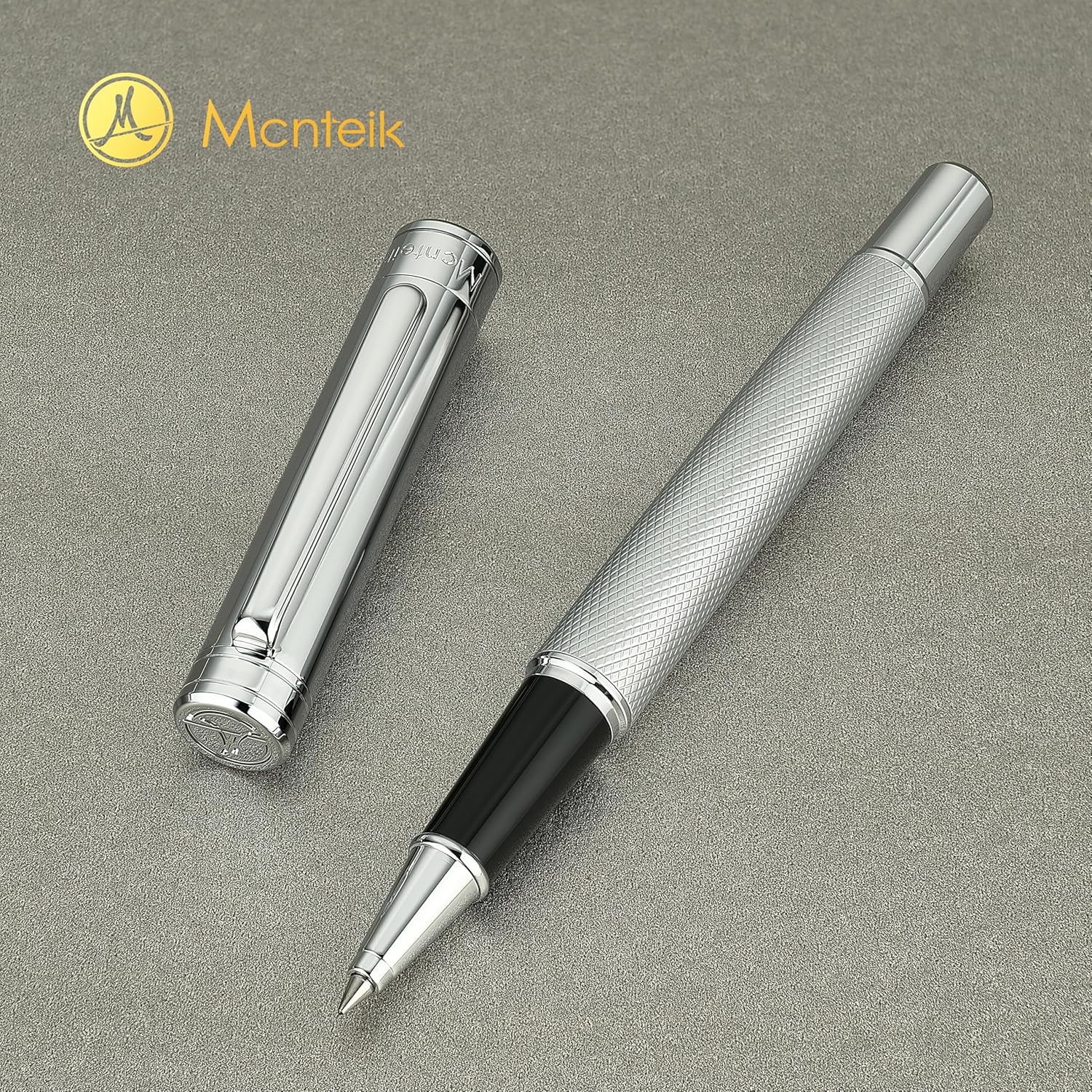 Silver Rollerball Pen, Stunning Luxury Pen with Mesh Texture Design, Bright Silver Chrome Finish, Schmidt refill, Nice Gift Set for Men & Women, Executive, Office, Graduation, Fancy Pens