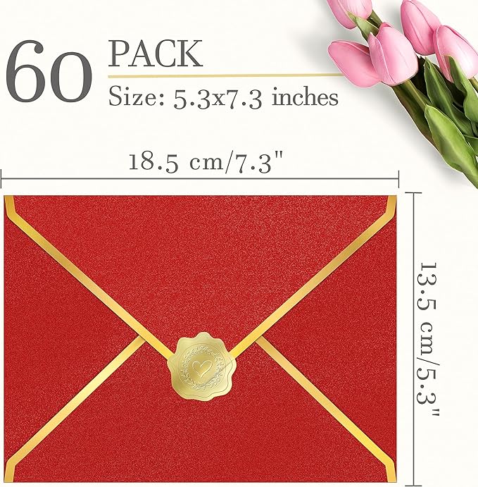 60 Pack Gold Envelopes 5x7 Bluk Red, 250G Pearled Cardstock A7 Envelopes for Invitations Business Mailing Envelope with Gold Foil Border, A6 4x6 Envelopes for Wedding Baby Shower Cards