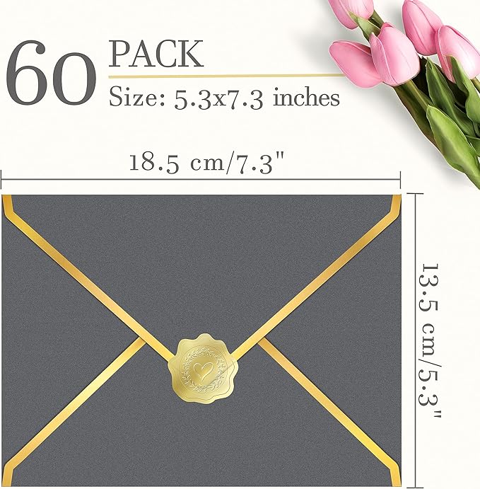 60 Pack Gold Envelopes 5x7 Silver Gray, 250G Pearled Cardstock A7 Envelopes for Invitations Business Mailing Envelope with Gold Foil Border, A6 4x6 Envelopes for Wedding Baby Shower Cards