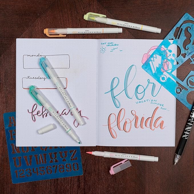 Zebra Pen Mildliner Brush Marker, Double Ended Brush and Fine Tip Pen, Assorted Fluorescent Colors, 5 Pack