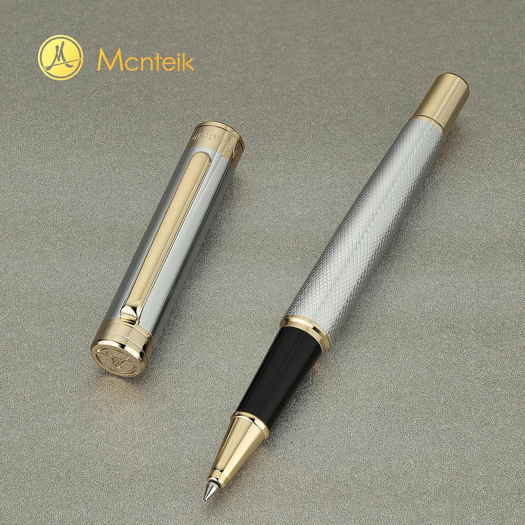 Silver Chrome Rollerball Pen, Stunning Luxury Pen with Mesh Texture Design、Silver Chrome Finish and 24K Gold Accents, Nice Gift Set for Men & Women, Business, Executive, Office, Fancy Pens