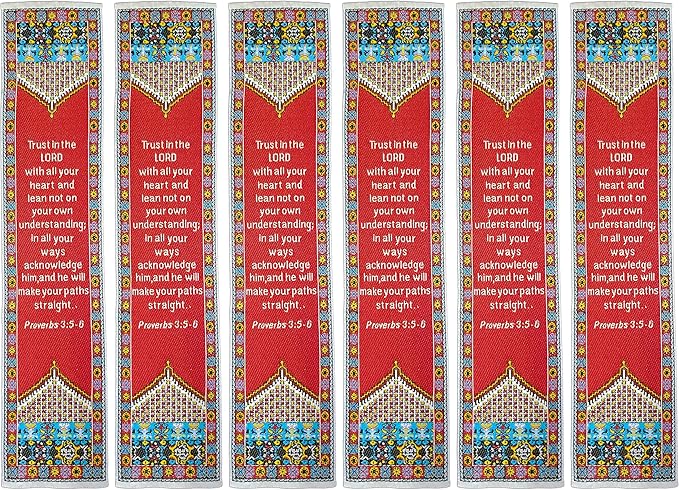Trust in The Lord, Bulk Pack of 6 Woven Fabric Christian Bookmarks, Silky Soft Proverbs 3:5-6 Red Flexible Bookmarker for Novels Books and Bibles, Traditional Turkish Woven Design, Memory Verse Gift
