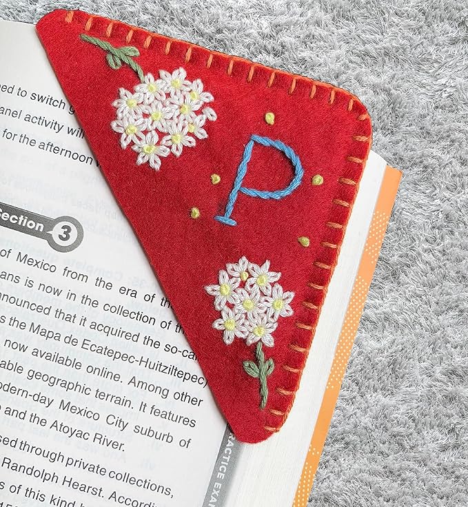 Personalized Hand Embroidered Corner Bookmark, Bookmarks for Women, Personalized Bookmark for Books, Cute Flower Book Mark, Hand Stitch Gift for Women for Book Lovers by HNQCPCVU (P, RED)