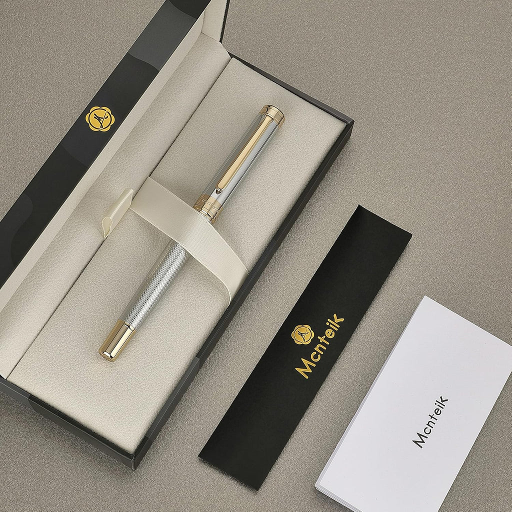 Silver Chrome Rollerball Pen, Stunning Luxury Pen with Mesh Texture Design、Silver Chrome Finish and 24K Gold Accents, Nice Gift Set for Men & Women, Business, Executive, Office, Fancy Pens