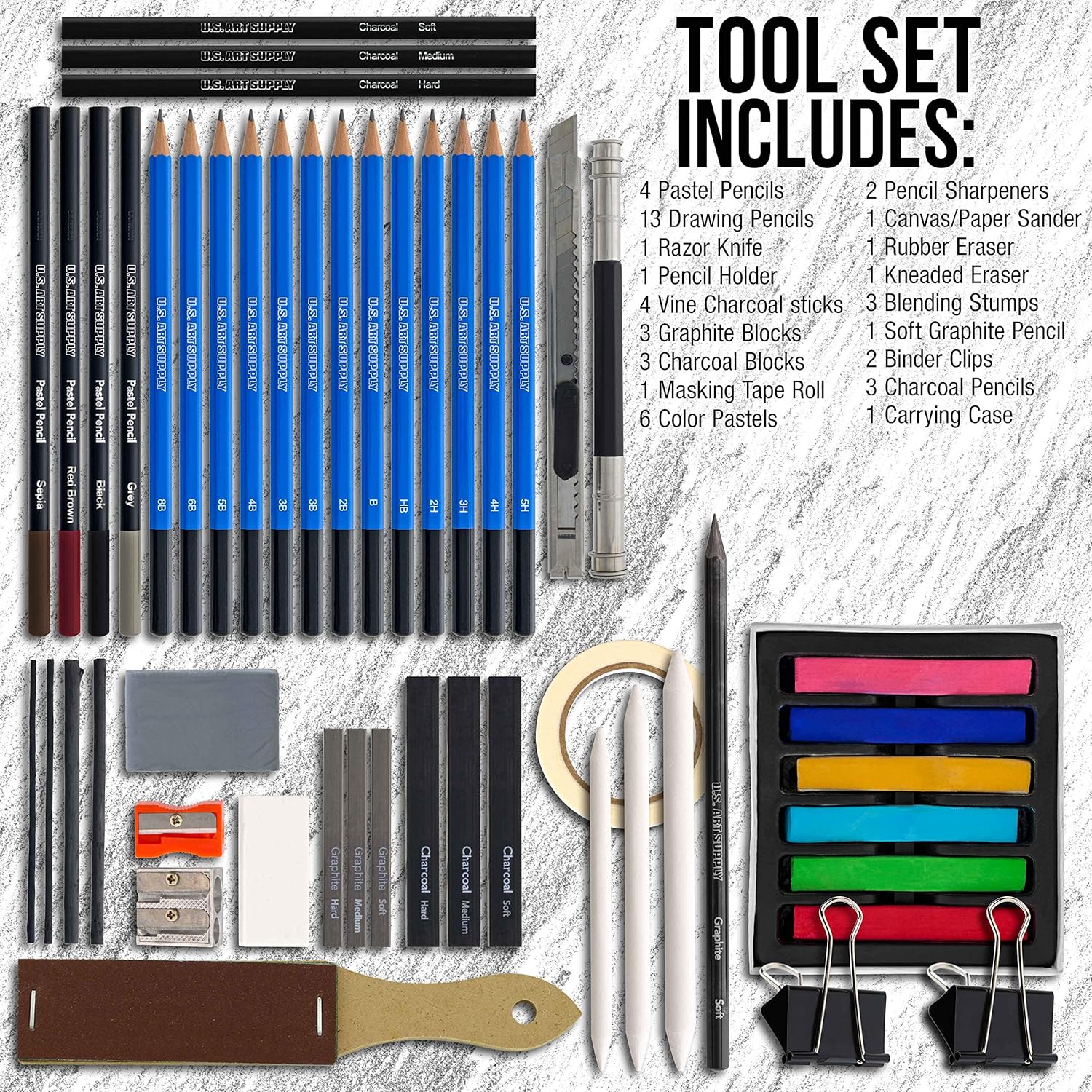 54-Piece U.S. Art Supply Drawing & Sketching Set with 4 Sketch Pads - Ultimate Artist Kit with Graphite, Charcoal, Pastels, Erasers in Pop-Up Carry Case