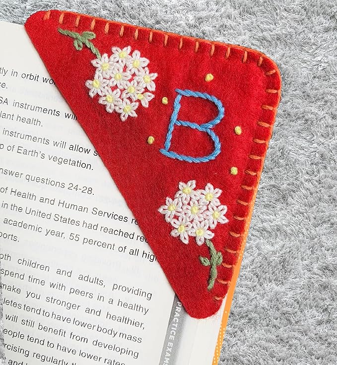 Personalized Hand Embroidered Corner Bookmark, Bookmarks for Women, Personalized Bookmark for Books, Cute Flower Book Mark, Hand Stitch Gift for Women for Book Lovers by HNQCPCVU (B, RED)