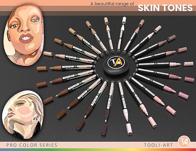 Acrylic Paint Pens 22 Skin Tones Assorted Pro Color Series Markers Set 0.7mm Extra Fine Tip for Rock Painting, Glass, Mugs, Wood, Metal, Canvas, Projects, Non Toxic, Waterbased, Quick Drying