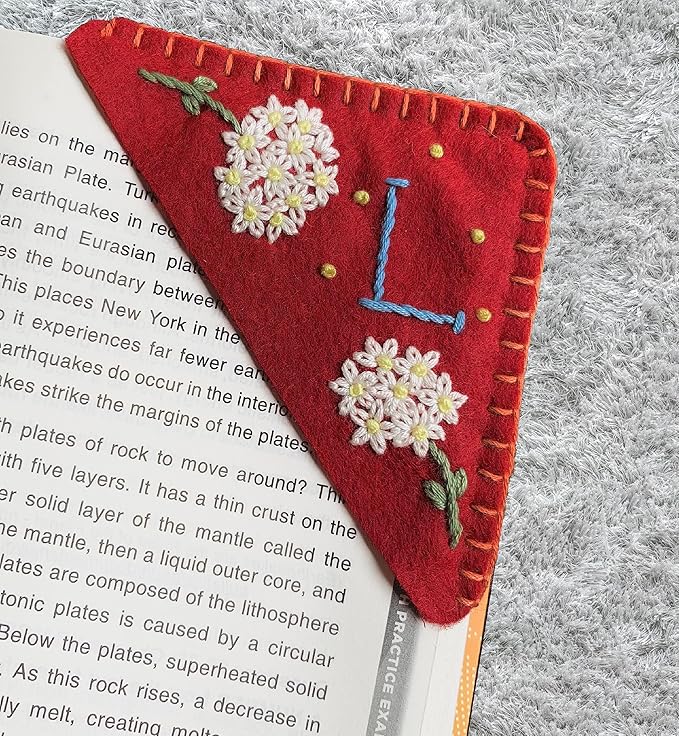 Personalized Hand Embroidered Corner Bookmark, Bookmarks for Women, Personalized Bookmark for Books, Cute Flower Book Mark, Hand Stitch Gift for Women for Book Lovers by HNQCPCVU (L, RED)