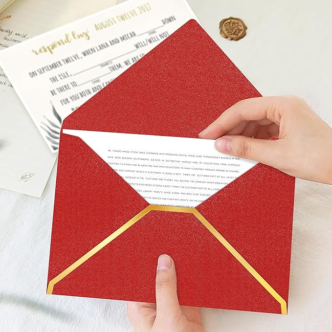 60 Pack Gold Envelopes 5x7 Bluk Red, 250G Pearled Cardstock A7 Envelopes for Invitations Business Mailing Envelope with Gold Foil Border, A6 4x6 Envelopes for Wedding Baby Shower Cards