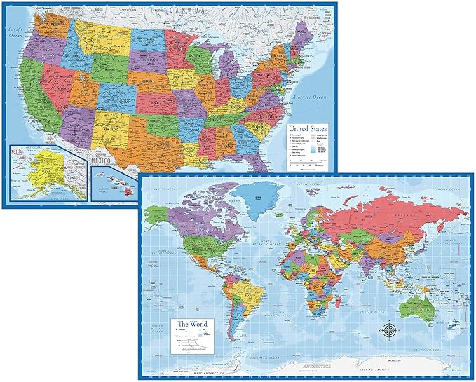 Laminated World Map & US Map Poster Set - 18" x 29" - Wall Chart Maps of the World & United States - Made in the USA - Updated for 2021 (LAMINATED, 18" x 29")